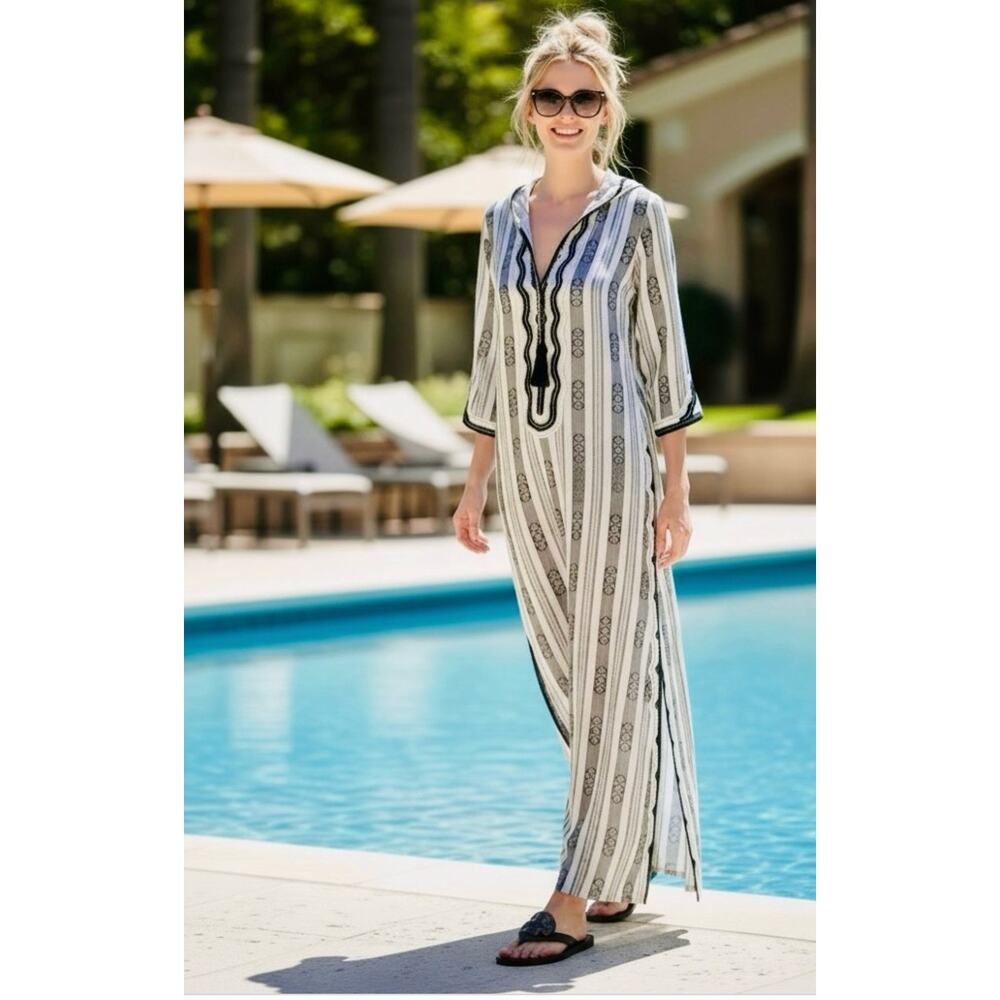 Tory Burch Dress Medium Corbin Hooded Tunic Kaftan Maxi Boho Resort Summer Blue